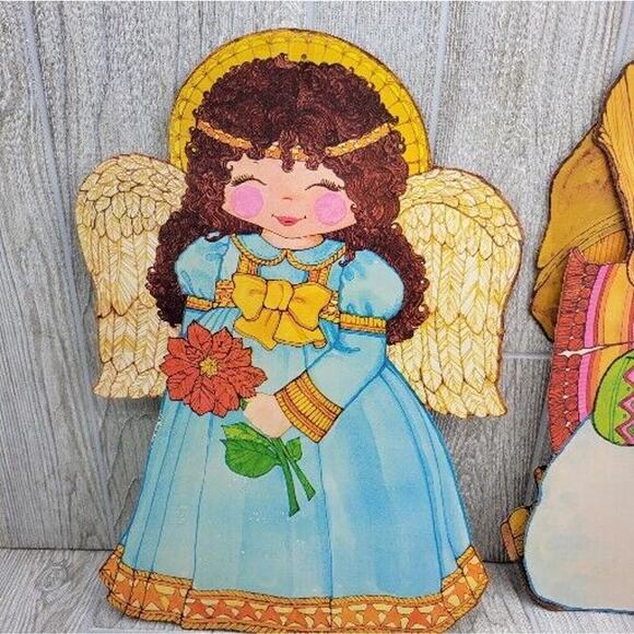 Vintage Christmas Diecut 2 Sided Wall Window Snowman Angel Santa Stocking 4pc - Picture 6 of 11